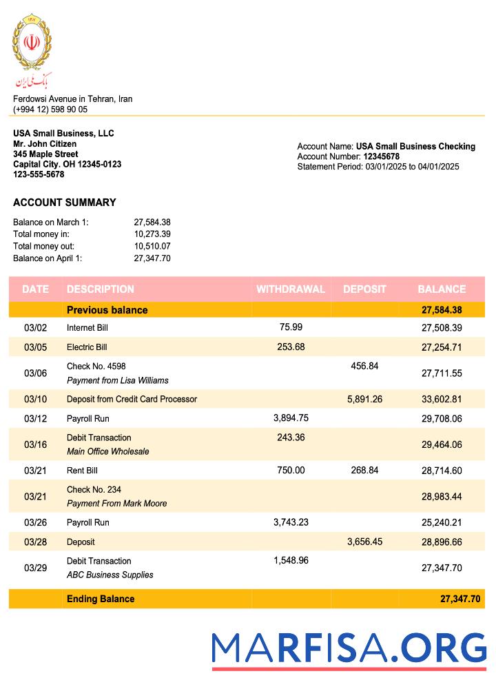 Downloadable Iran Melli Bank business checking account statement Word and PDF template 1